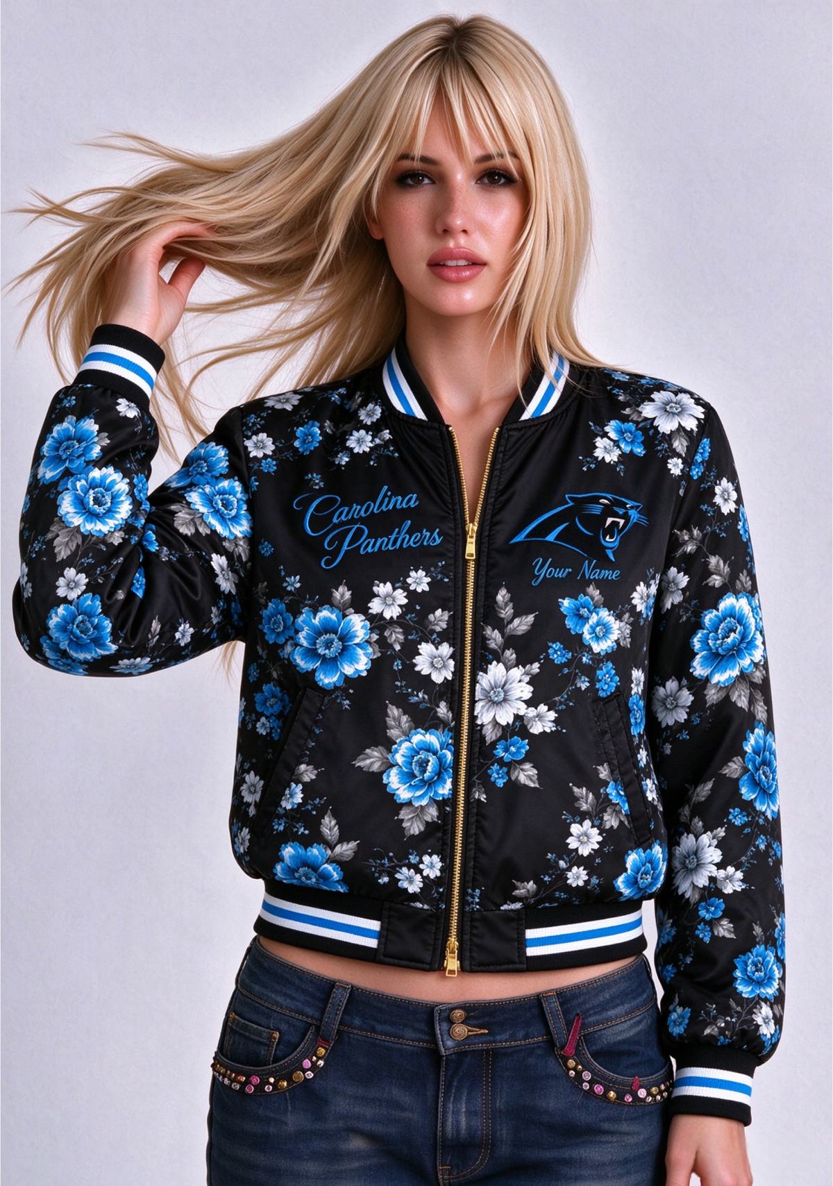 Women Carolina Panthers Floral Print Zip Up Jacket Custom Name For Fan Main image