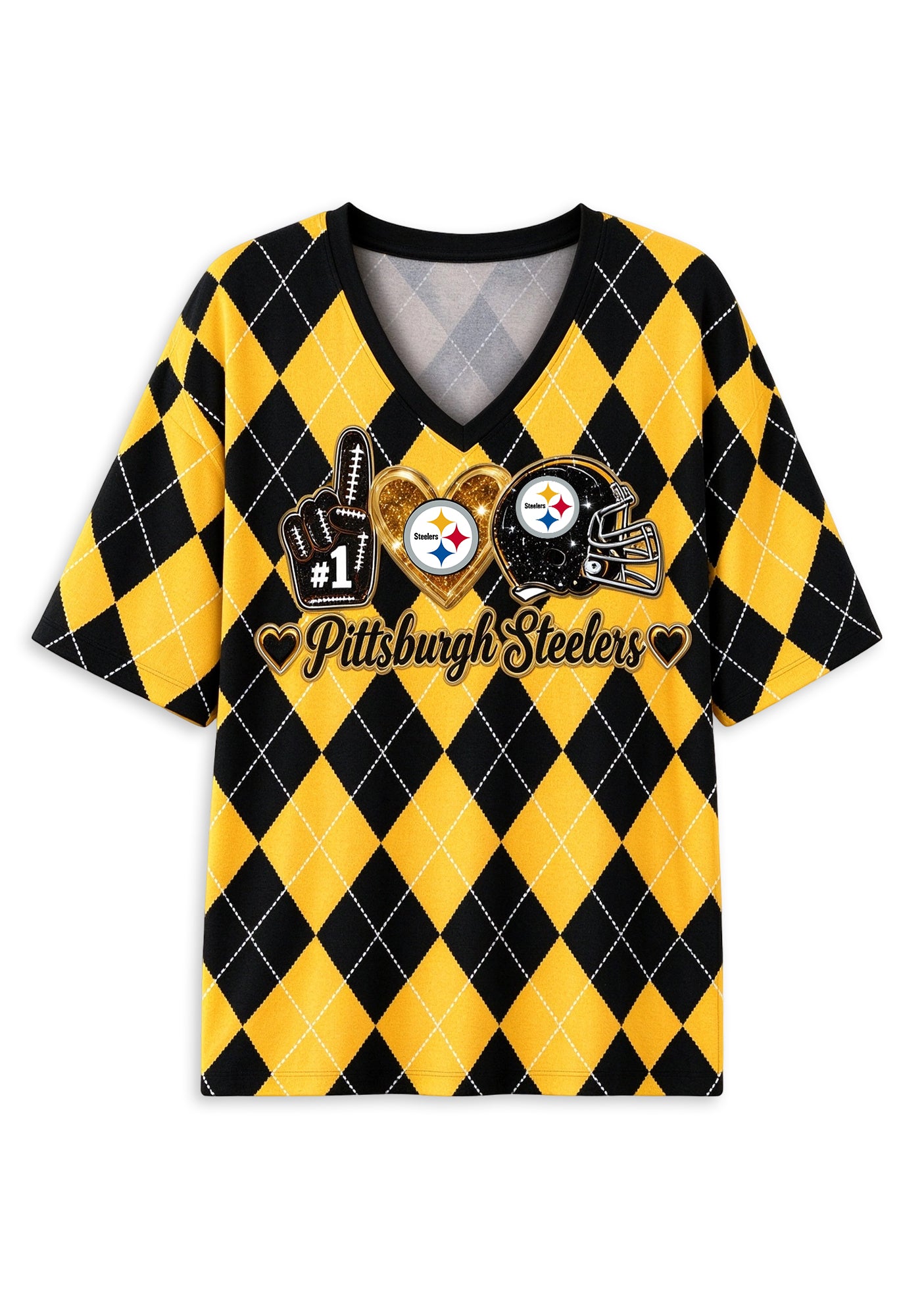 Women's Pittsburgh Steelers Argyle #1 Fan Heart Helmet V-Neck T-Shirt Secondary image