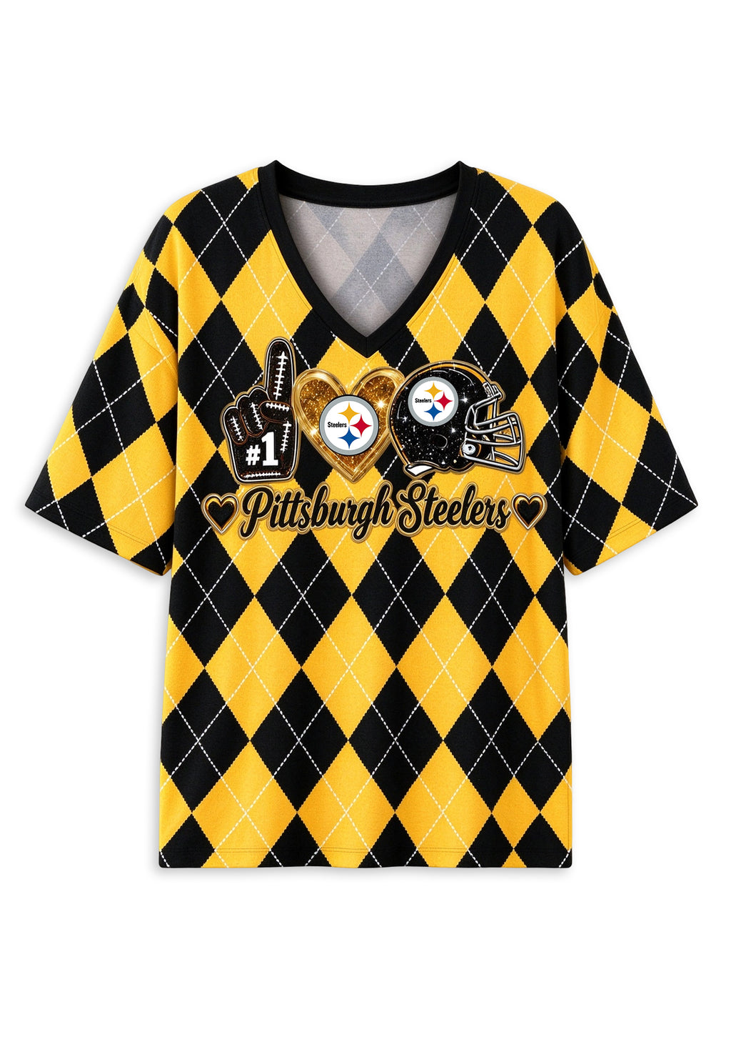 Women's Pittsburgh Steelers Argyle #1 Fan Heart Helmet V-Neck T-Shirt
