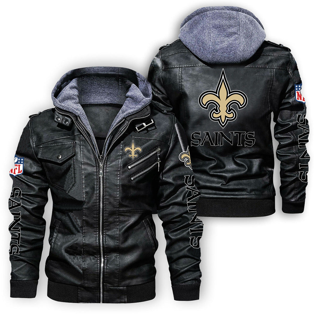 New Orleans Saints Logo PU Faux Leather Hooded Jacket