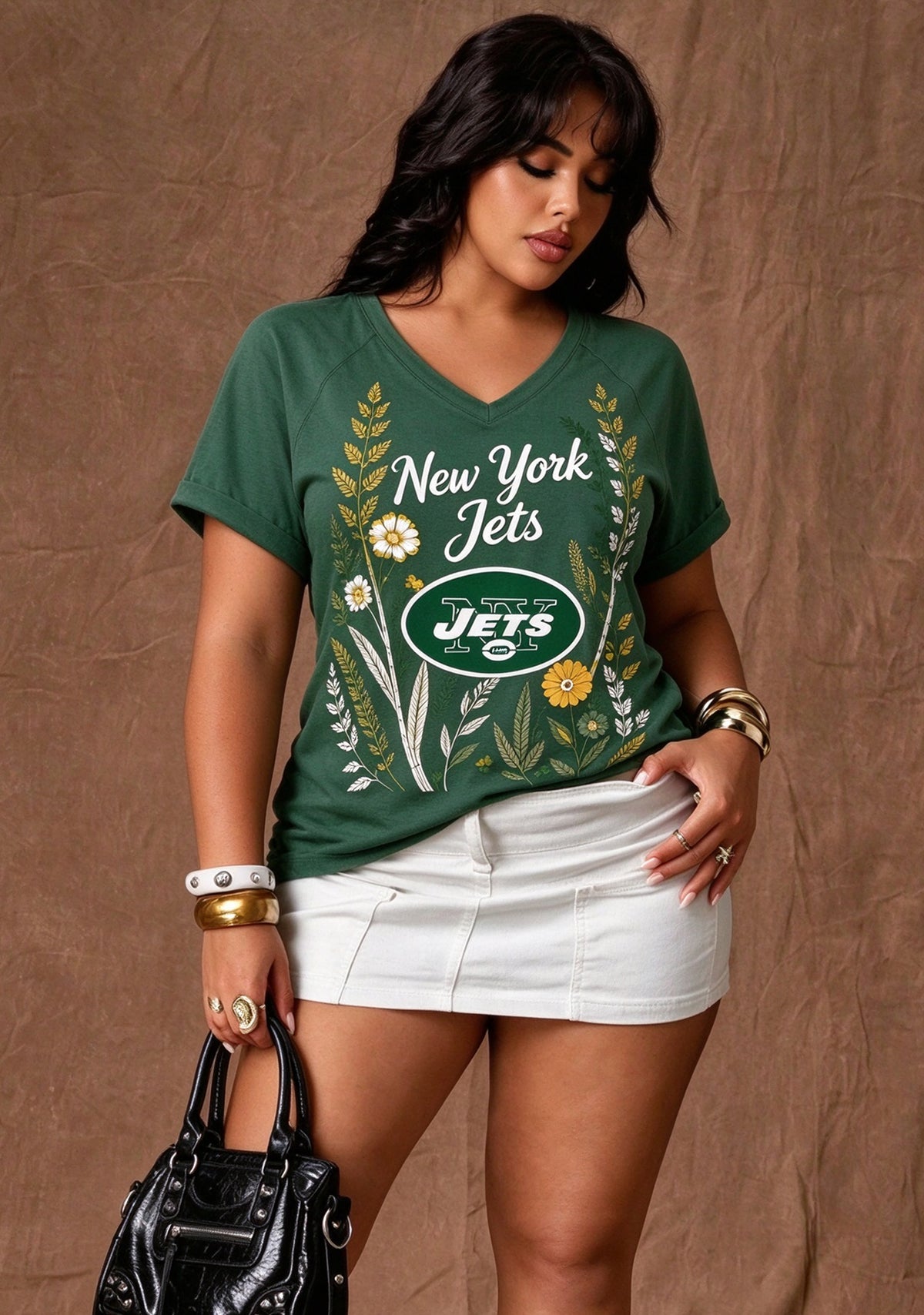 Women's New York Jets Wildflower Graphic V-Neck Raglan Rolled T-Shirt
