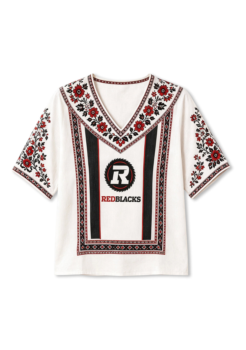 Boho Floral Border Ottawa Redblacks V-Neck Blouse
