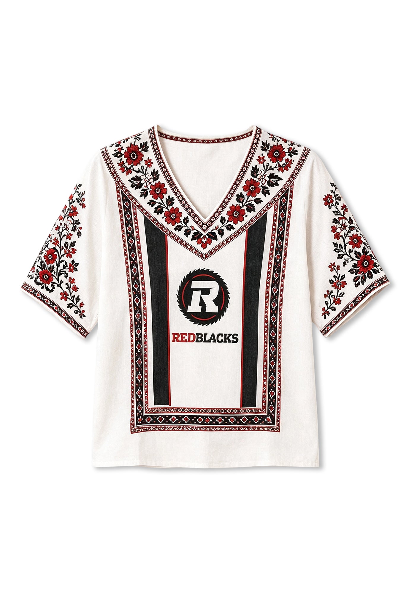 Boho Floral Border Ottawa Redblacks V-Neck Blouse
