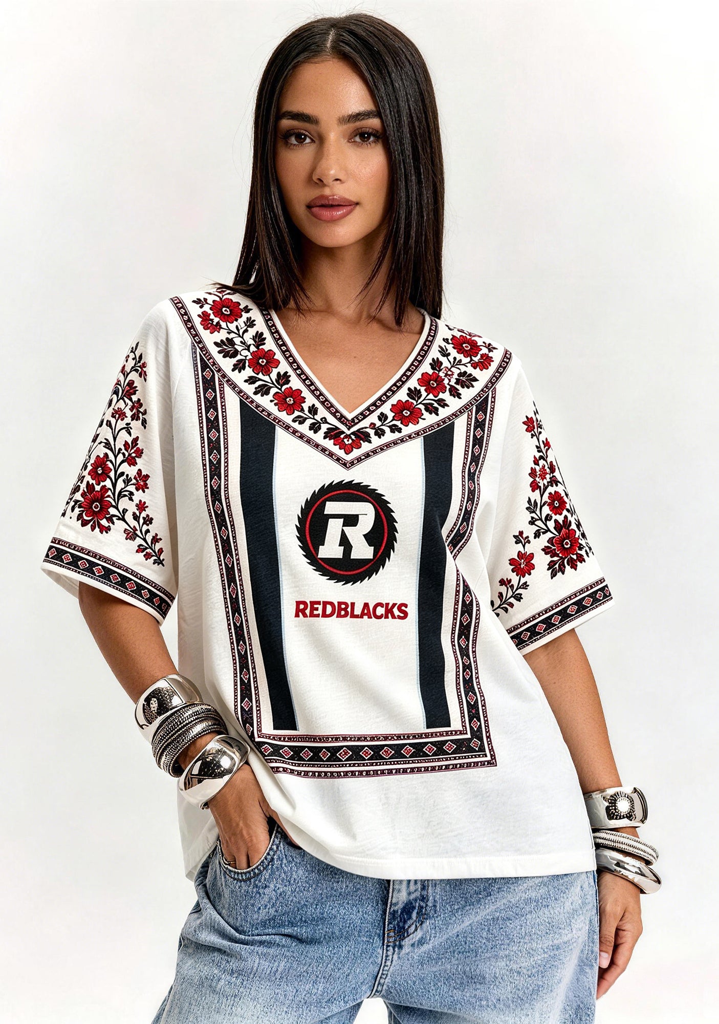 Boho Floral Border Ottawa Redblacks V-Neck Blouse Main image