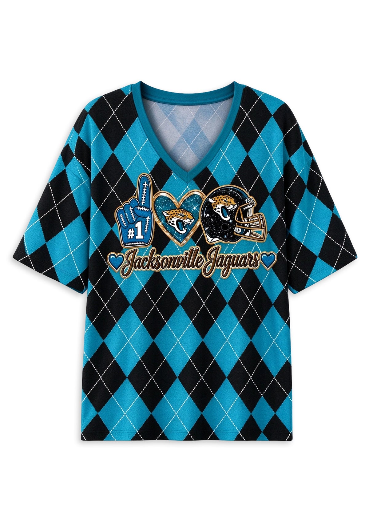 Women's Jacksonville Jaguars Argyle #1 Fan Heart Helmet V-Neck T-Shirt