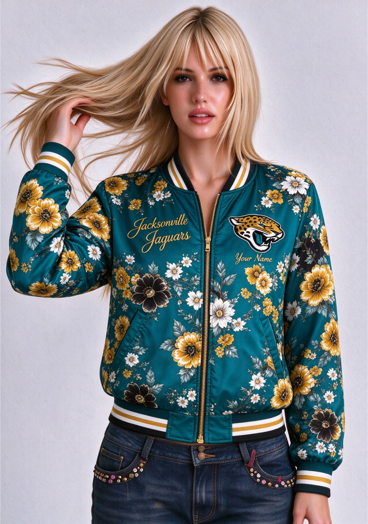 Women Jacksonville Jaguars Floral Print Zip Up Jacket Custom Name For Fan Main image