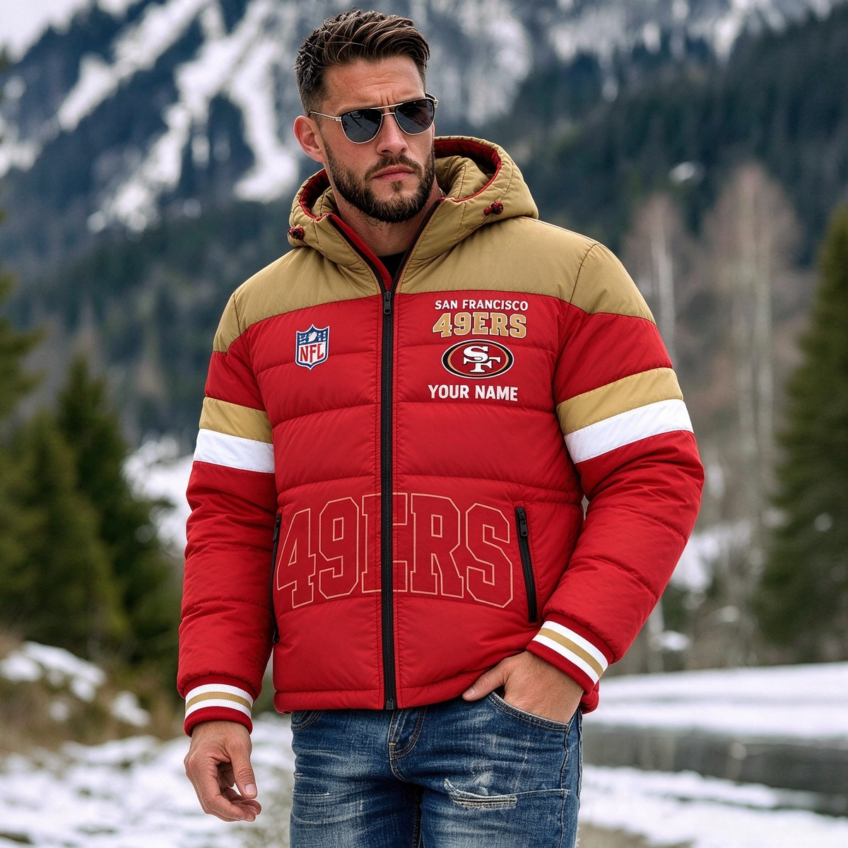 San Francisco 49ers Hooded Color Block Puffer Jacket  Custom Name Gifts For Fan