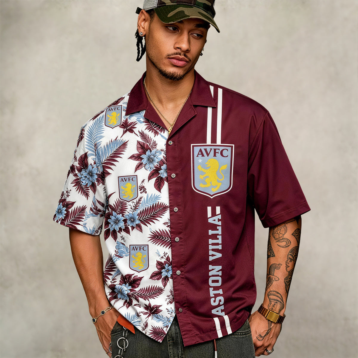 Aston Villa AVFC Half‑Split Hawaiian Shirt For Fan