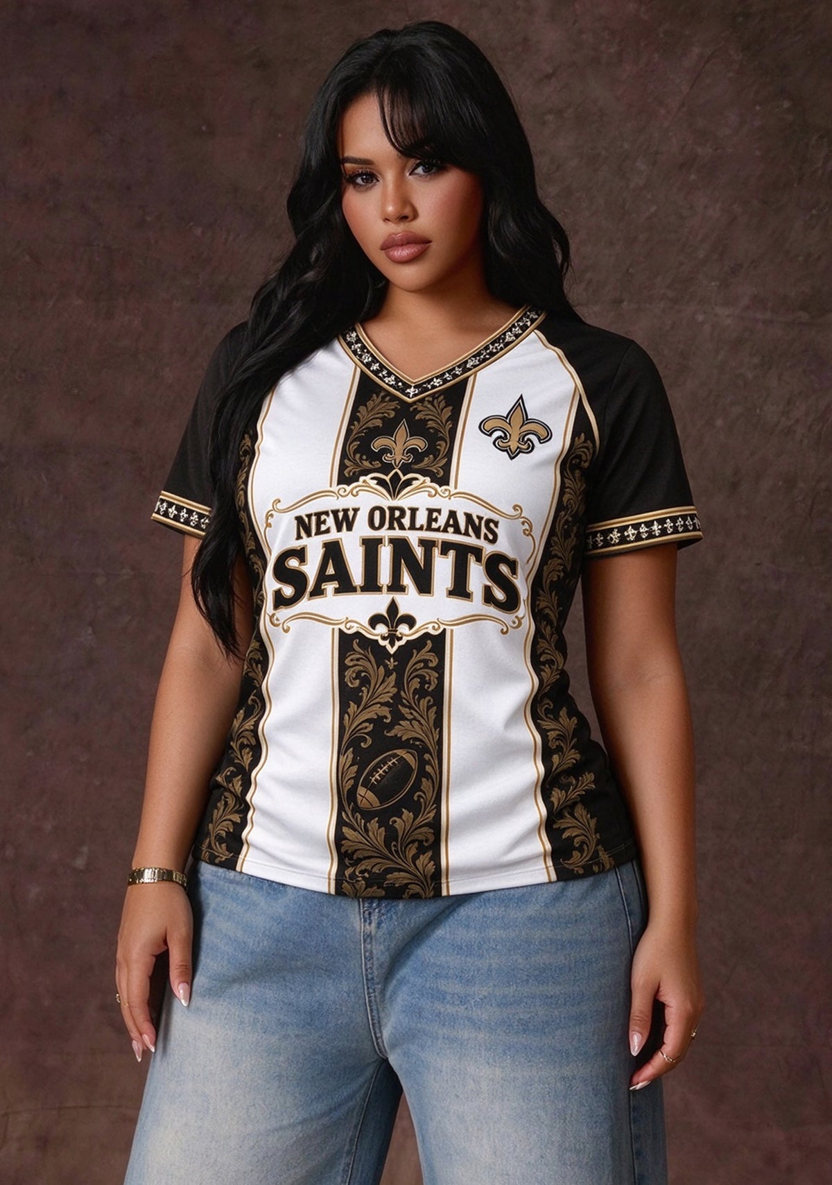 Women's New Orleans Saints Floral Baroque Striped V-Neck T-Shirt