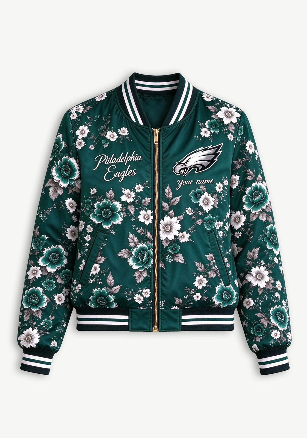 Women Philadelphia Eagles Floral Print Zip Up Jacket Custom Name For Fan