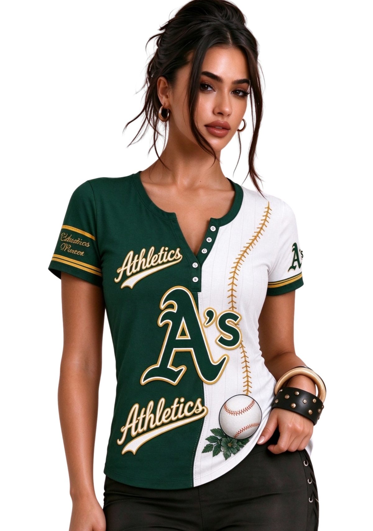 Women Oakland Athletics Baseball Half Striped Henley T-Shirt