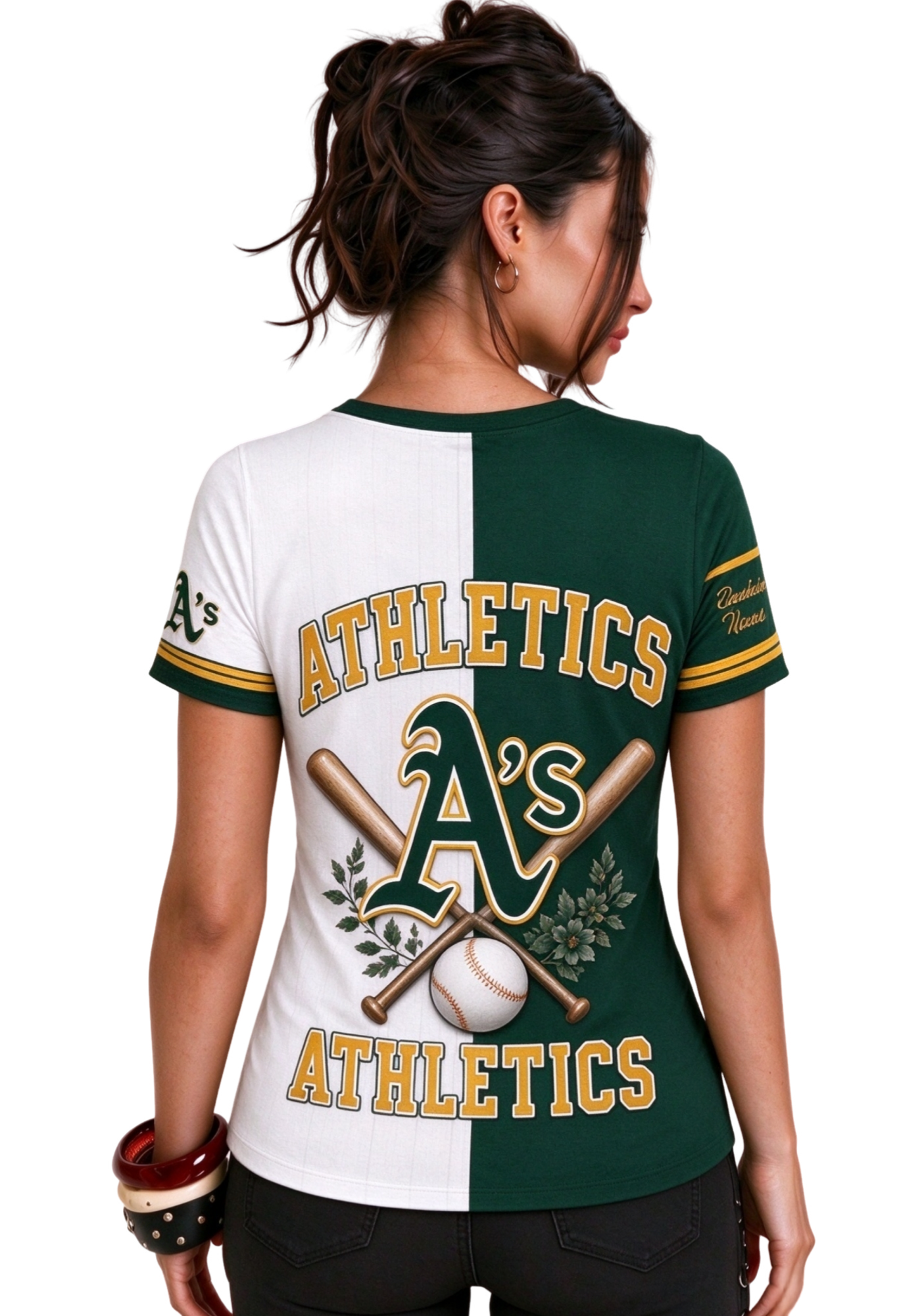 Women Oakland Athletics Baseball Half Striped Henley T-Shirt Secondary image