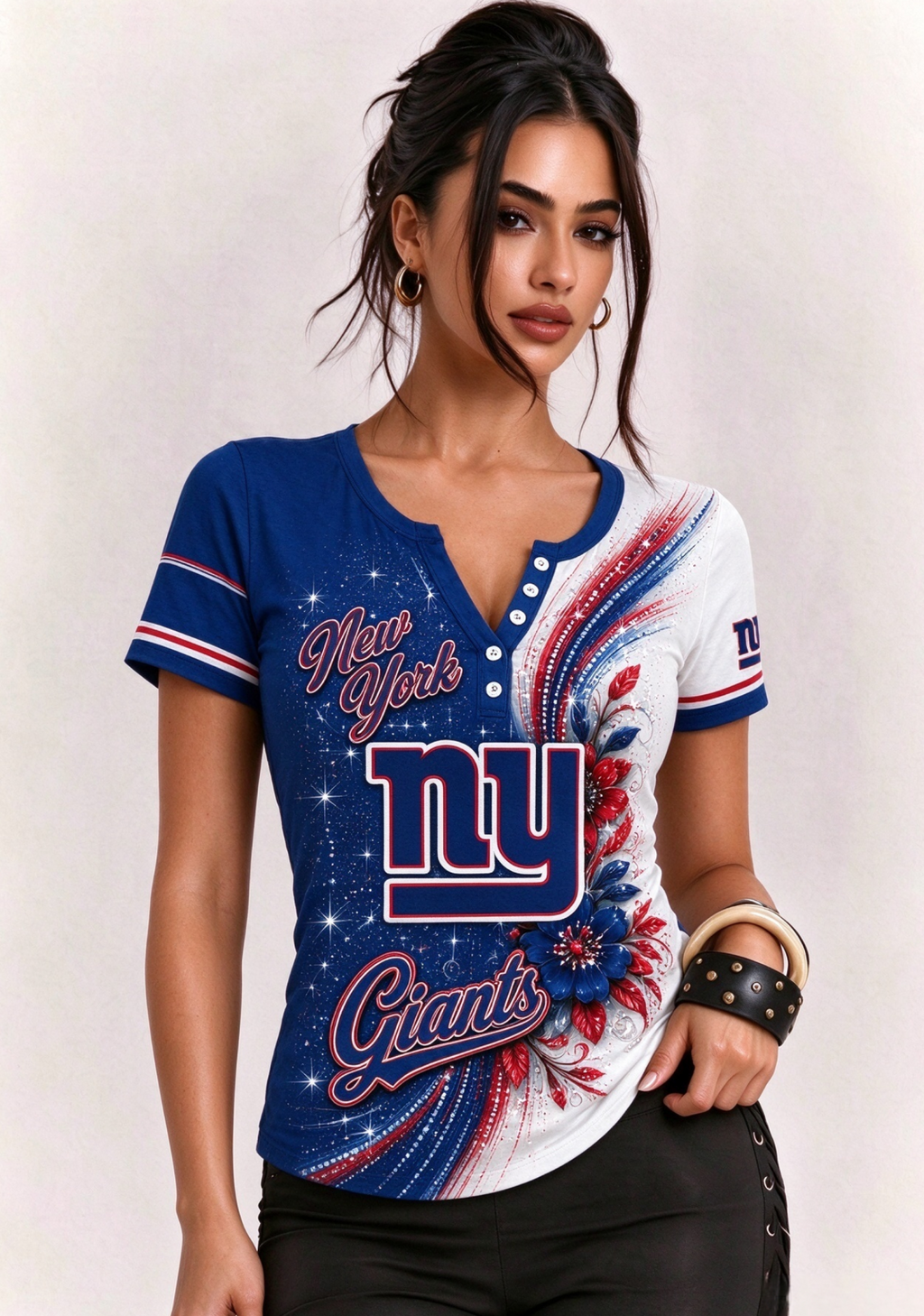 Women New York Giants Floral Henley T-Shirt