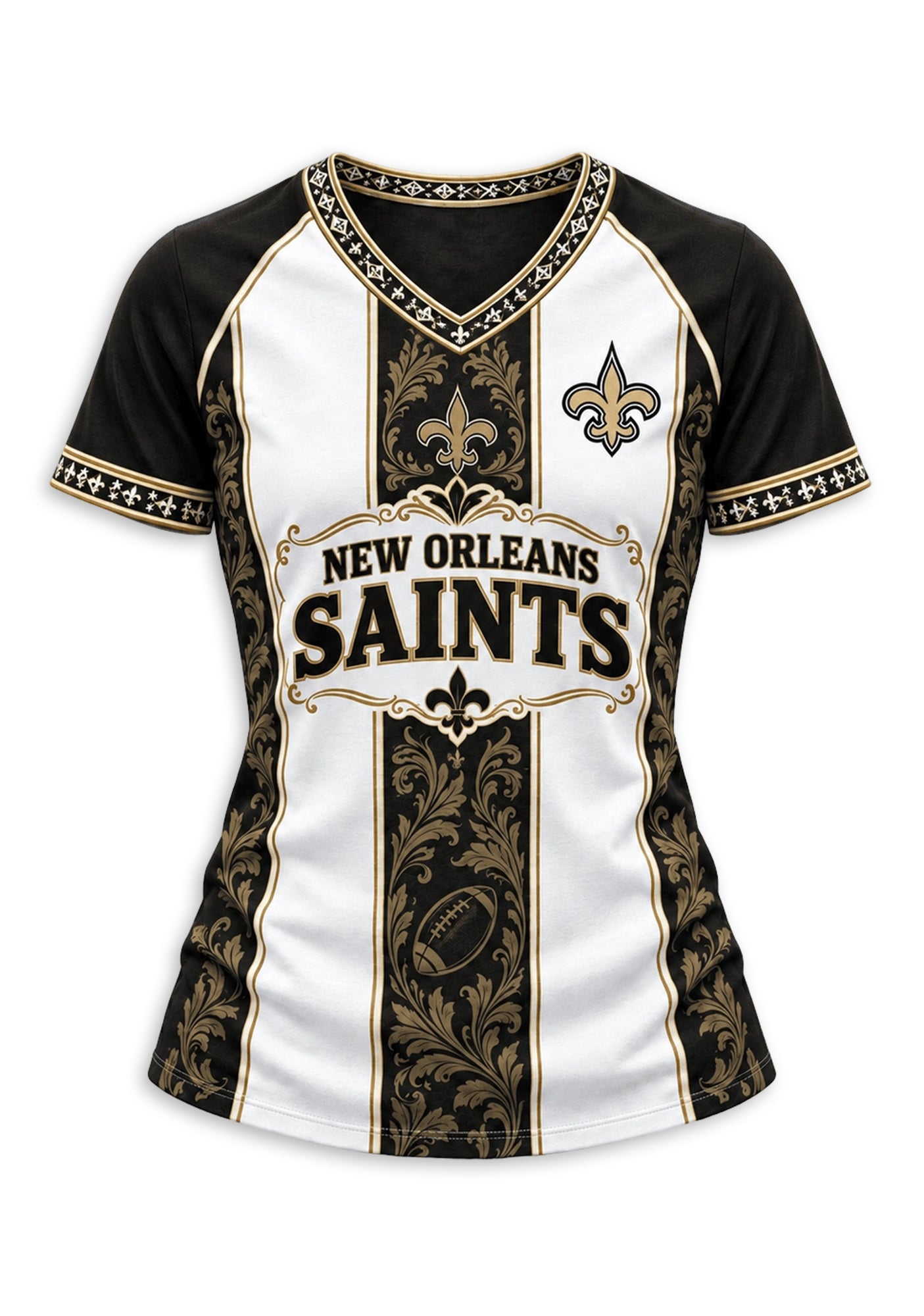 Women's New Orleans Saints Floral Baroque Striped V-Neck T-Shirt Secondary image