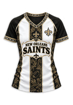 Women's New Orleans Saints Floral Baroque Striped V-Neck T-Shirt