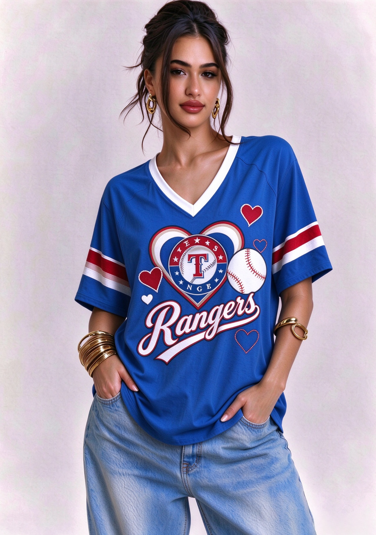 Women Texas Rangers Heart Baseball Graphic V-Neck T-Shirt Main image