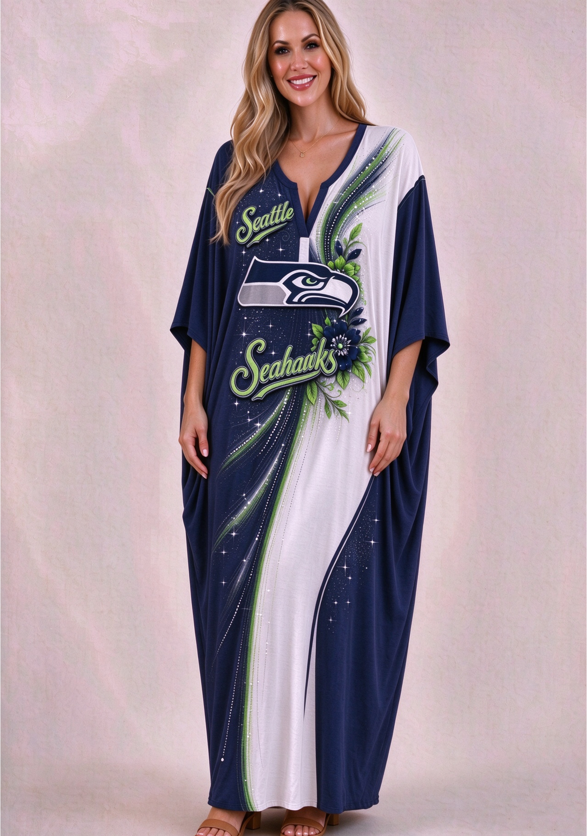 Women's Seattle Seahawks Floral V-Neck Kaftan Maxi Dress