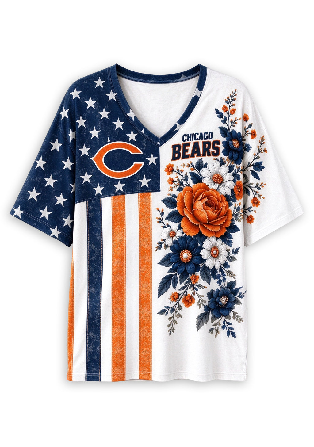 Women's Chicago Bears American Flag Floral V-Neck T-Shirt