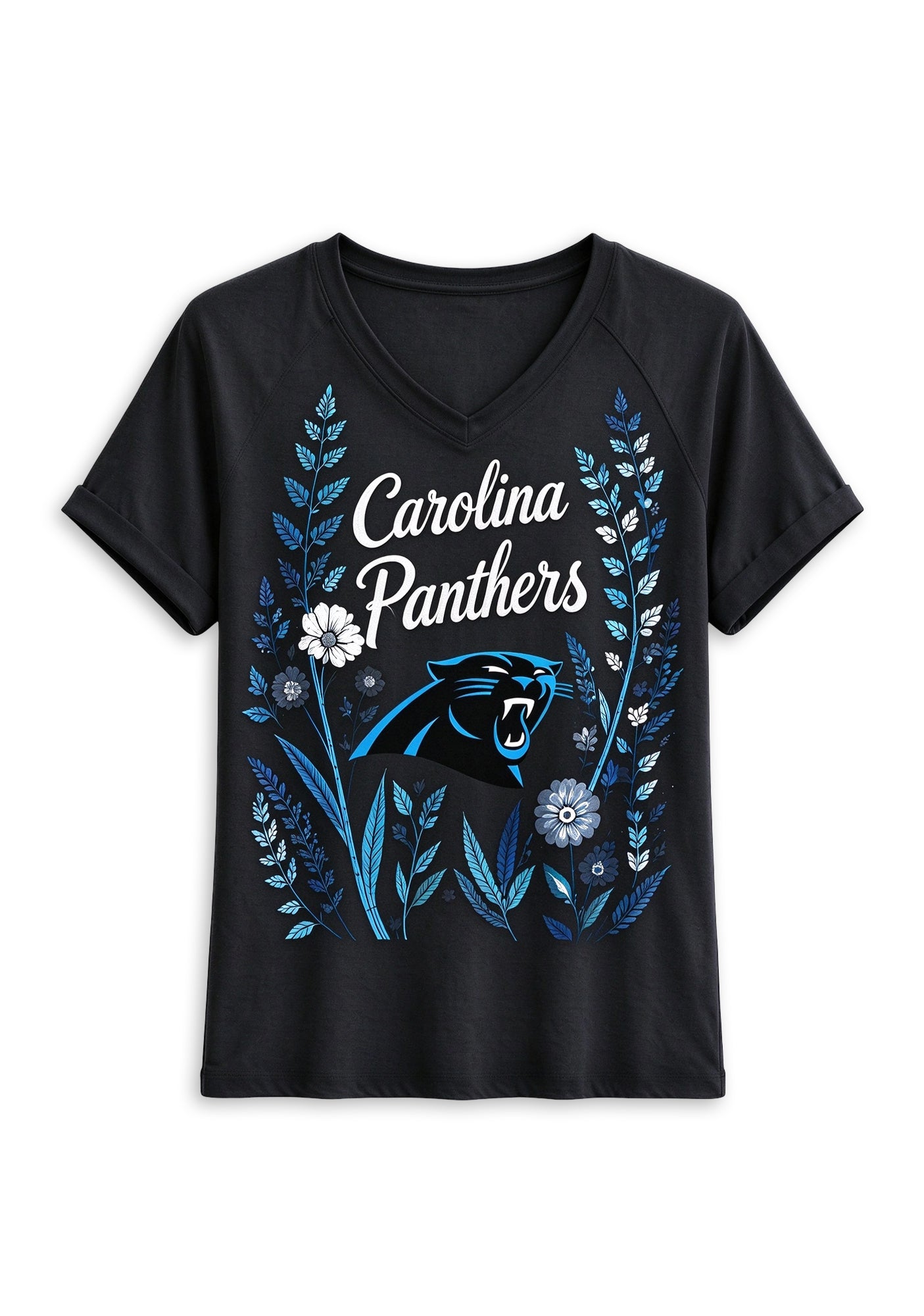 Women's Carolina Panthers Wildflower Graphic V-Neck Raglan Rolled T-Shirt Secondary image