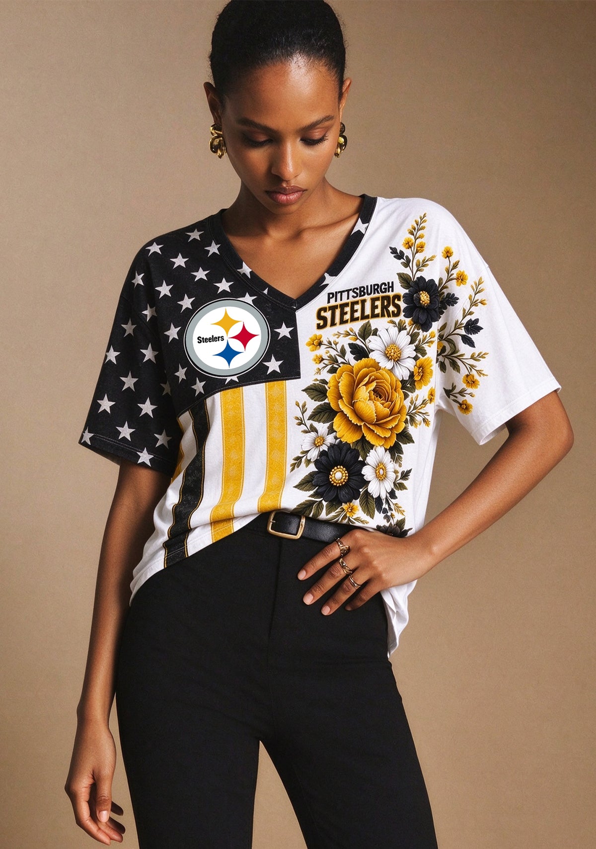 Women's Pittsburgh Steelers American Flag Floral V-Neck T-Shirt Main image