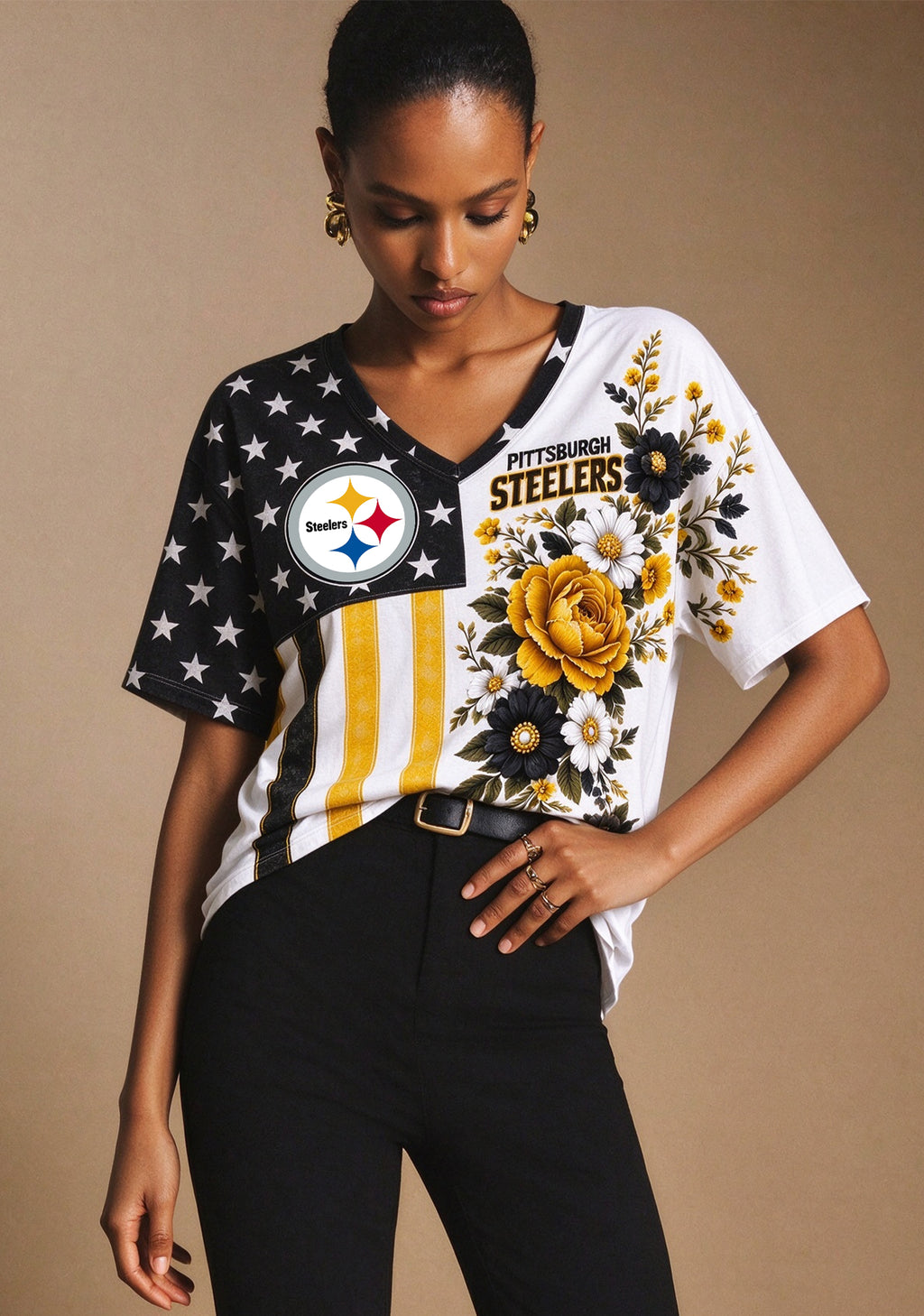 Women's Pittsburgh Steelers American Flag Floral V-Neck T-Shirt