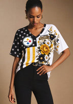 Women's Pittsburgh Steelers American Flag Floral V-Neck T-Shirt