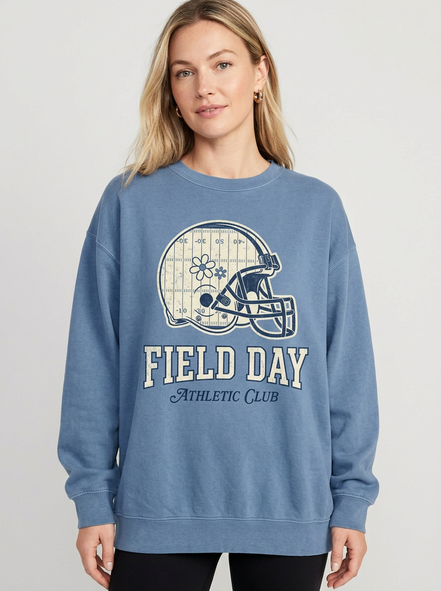 Women's Football Lover Field Day Flower Helmet Printed Long-Sleeve T-Shirt