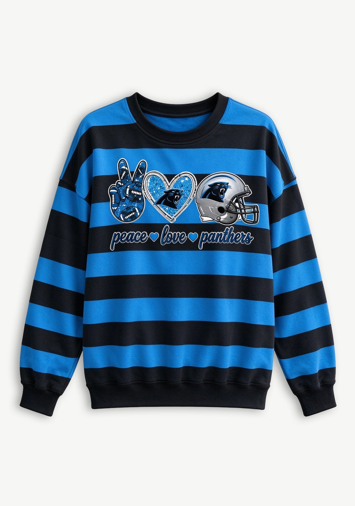 Women's Peace Love Carolina Panthers Striped Crewneck Sweatshirt