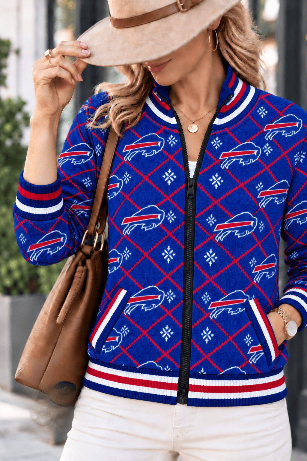Women's Buffalo Bills Argyle Print Zip Up Varsity Jacket