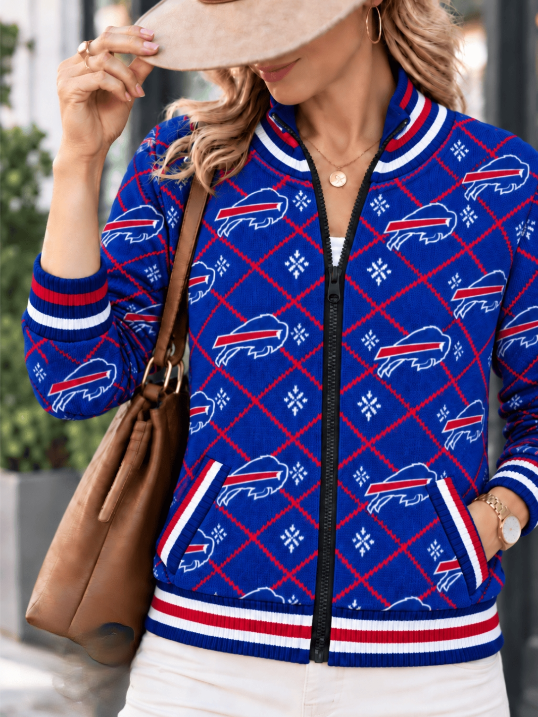 Women's Buffalo Bills Argyle Print Zip Up Varsity Jacket Main image