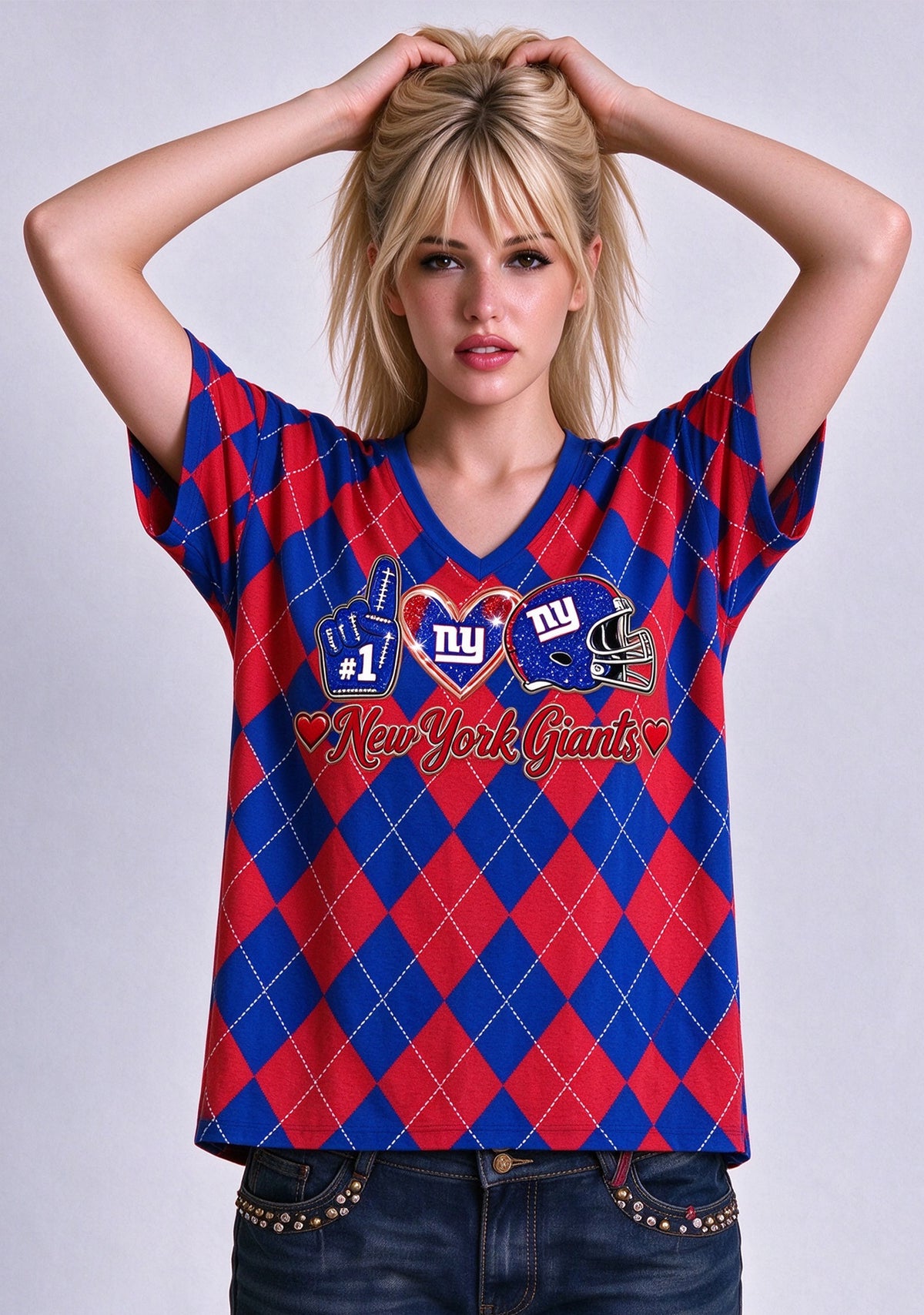Women's New York Giants Argyle #1 Fan Heart Helmet V-Neck T-Shirt Main image