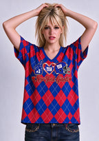 Women's New York Giants Argyle #1 Fan Heart Helmet V-Neck T-Shirt