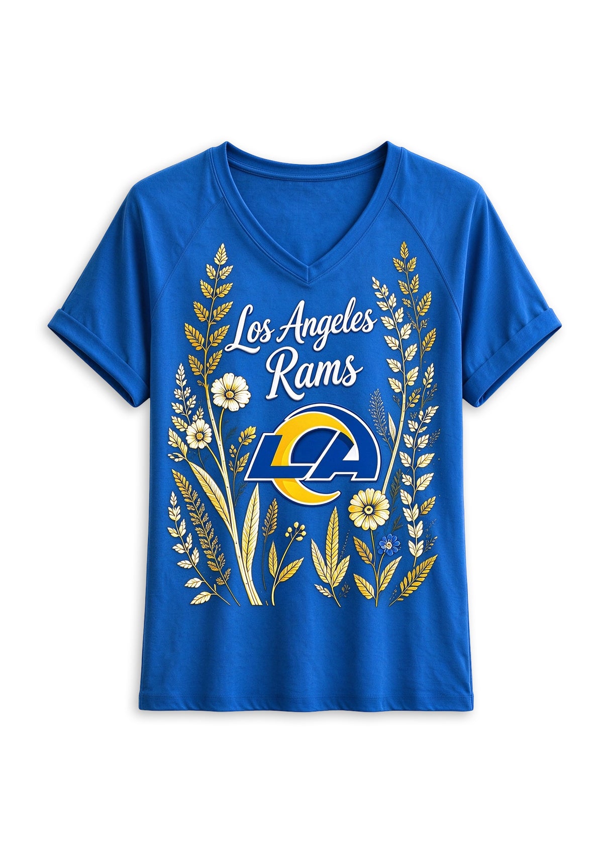 Women's Los Angeles Rams Wildflower Graphic V-Neck Raglan Rolled T-Shirt