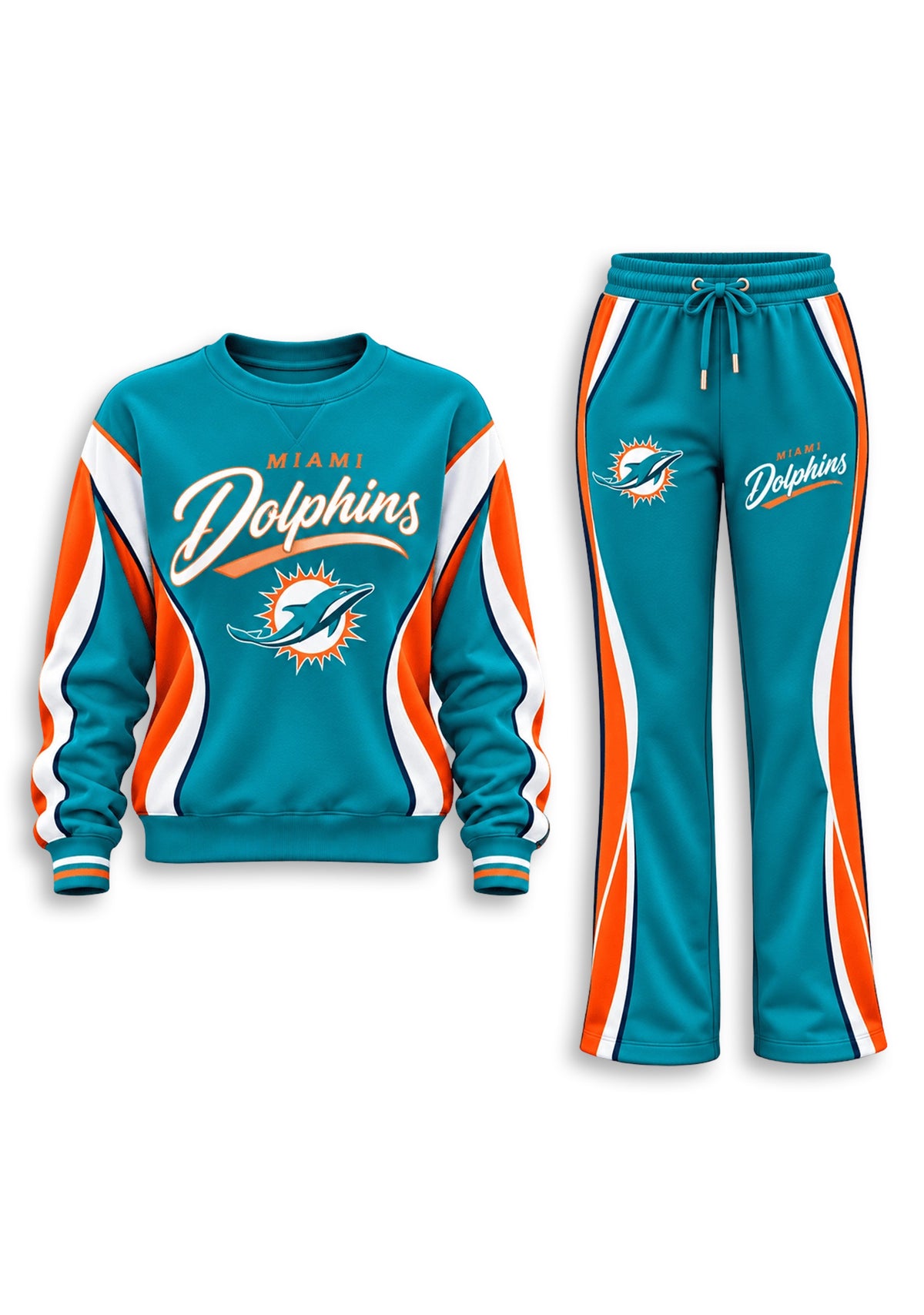 Women's Miami Dolphins Crewneck Sweatshirt & Flared Pants 2 Piece Set