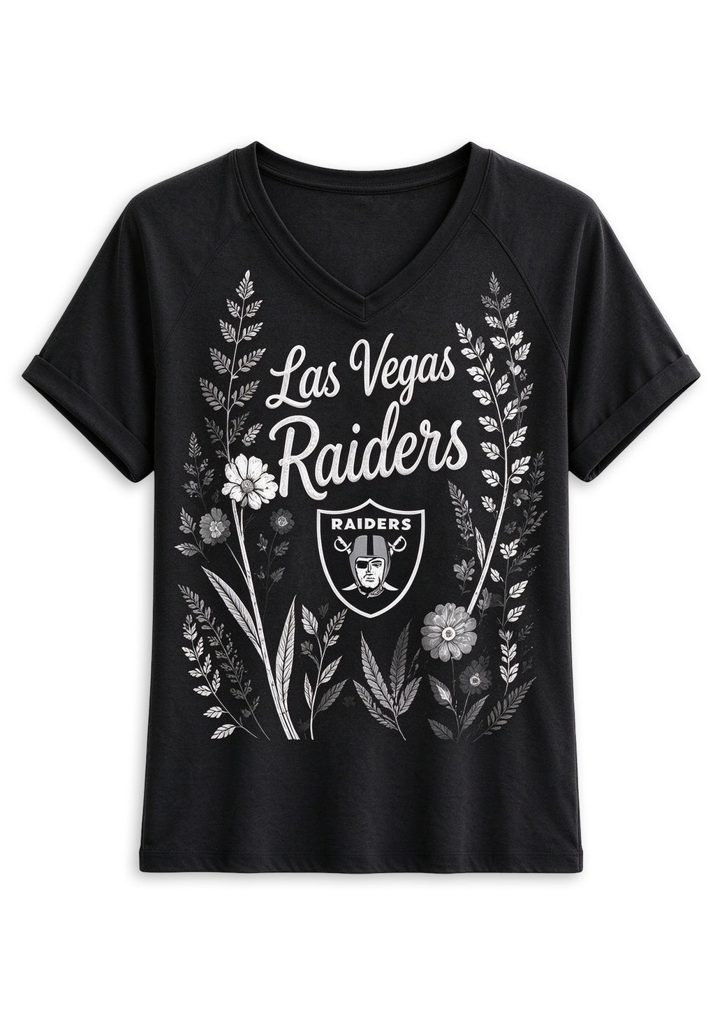 Women's Las Vegas Raiders Wildflower Graphic V-Neck Raglan Rolled T-Shirt
