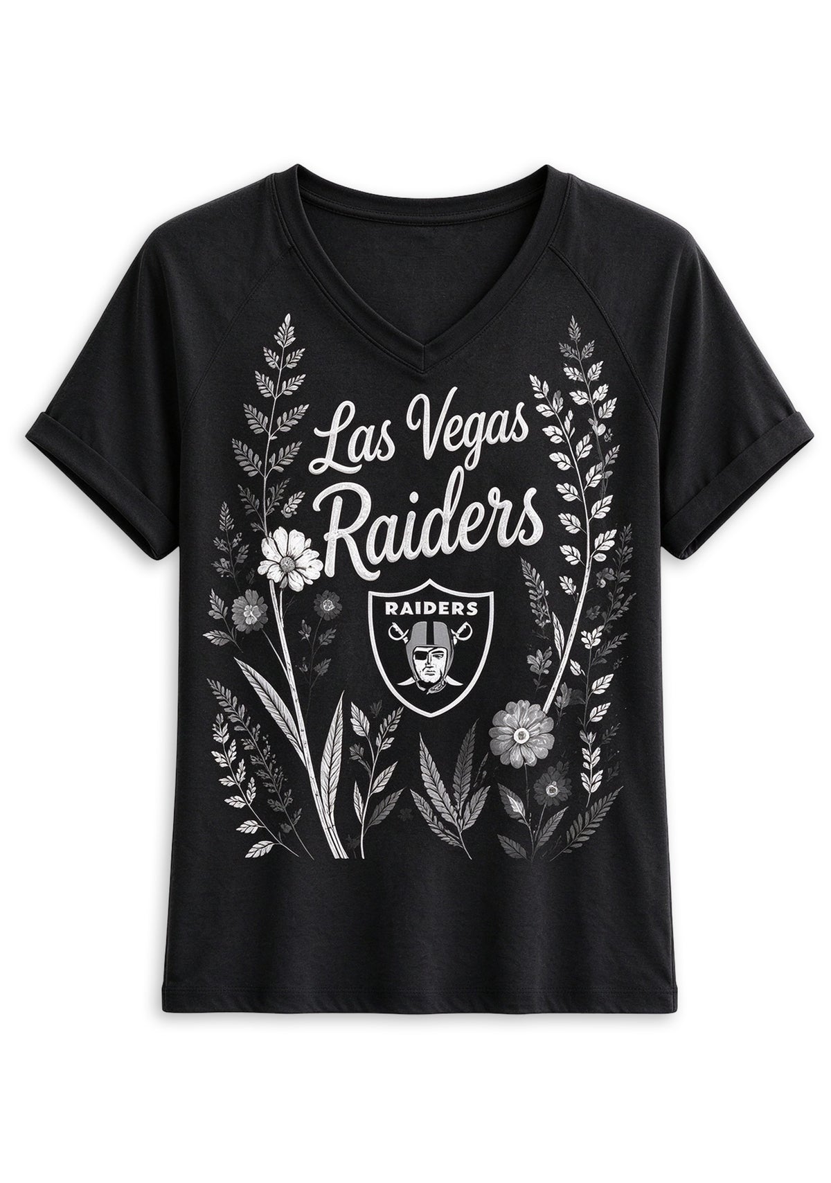 Women's Las Vegas Raiders Wildflower Graphic V-Neck Raglan Rolled T-Shirt
