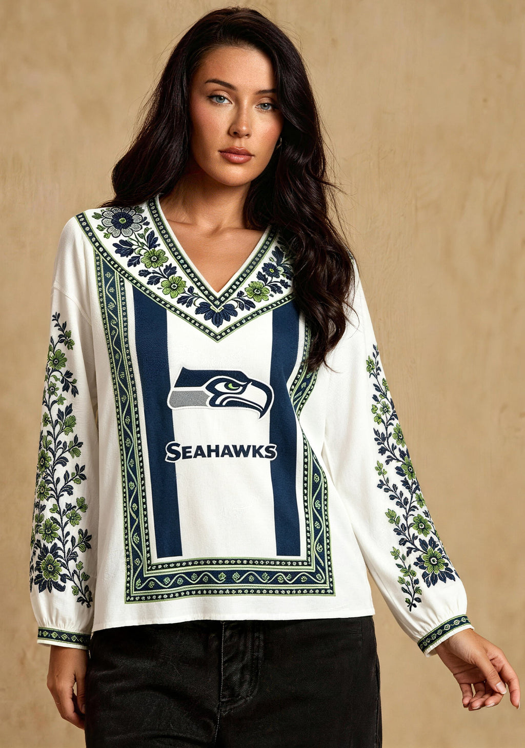 Women's Seattle Seahawks Boho Floral Printed V-Neck Long Sleeve Shirt