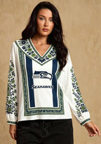 Women's Seattle Seahawks Boho Floral Printed V-Neck Long Sleeve Shirt