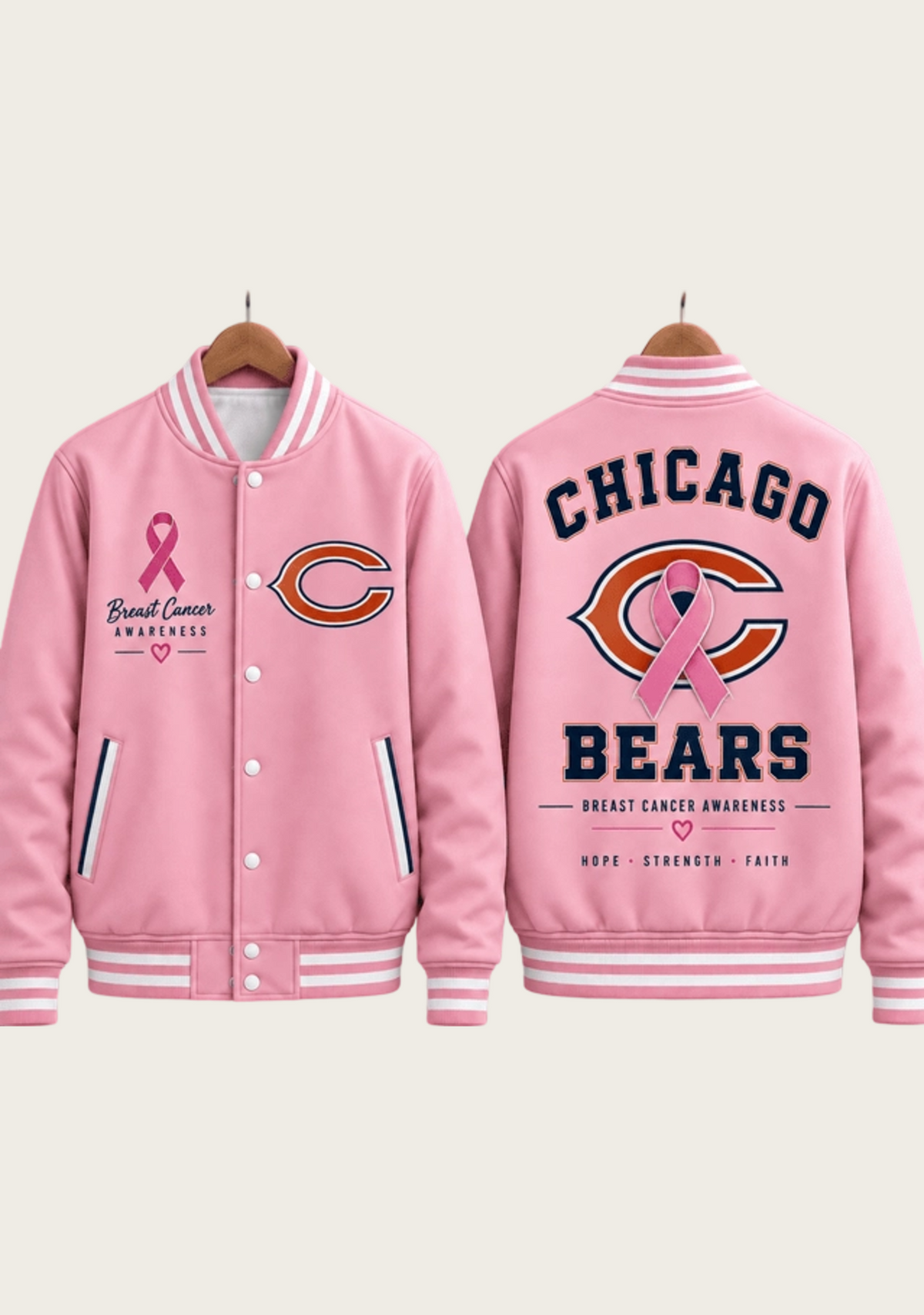 Chicago Bears Breast Cancer Awareness Pink Ribbon Varsity Jacket