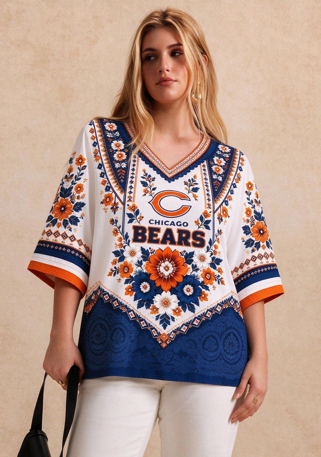 Women’s Chicago Bears Boho Floral V-Neck 3/4 Sleeve Shirt