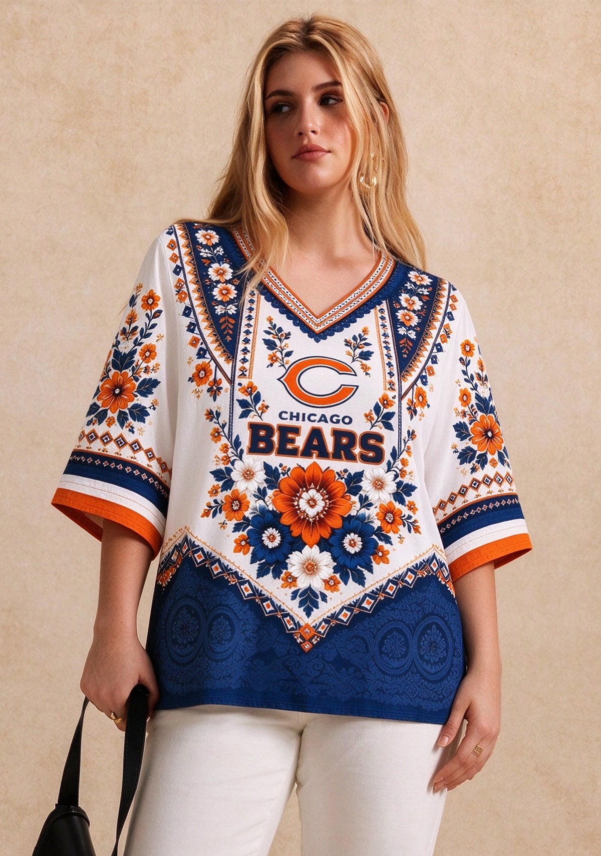 Women’s Chicago Bears Boho Floral V-Neck 3/4 Sleeve Shirt