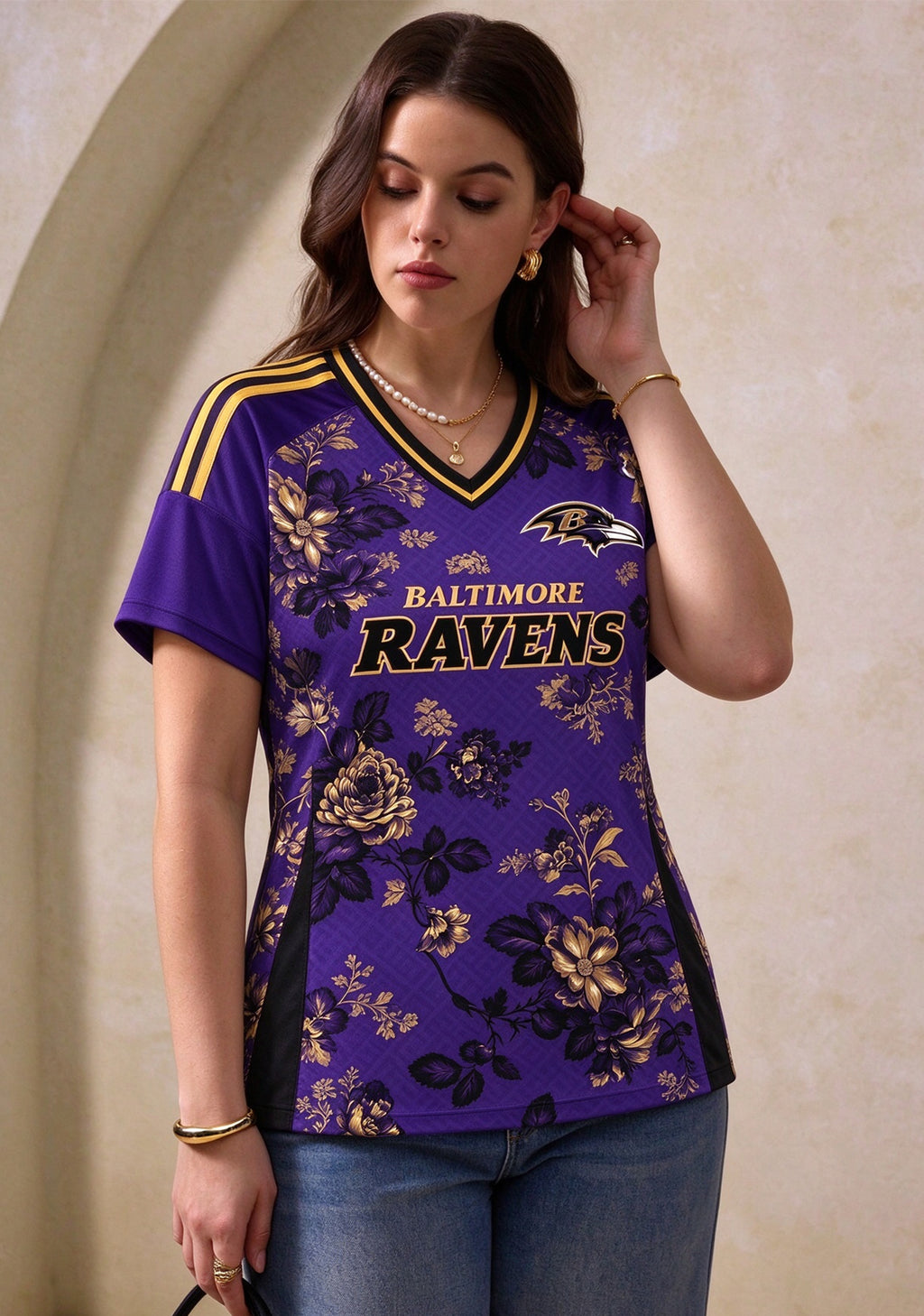 Women's Baltimore Ravens Floral V-Neck T Shirt