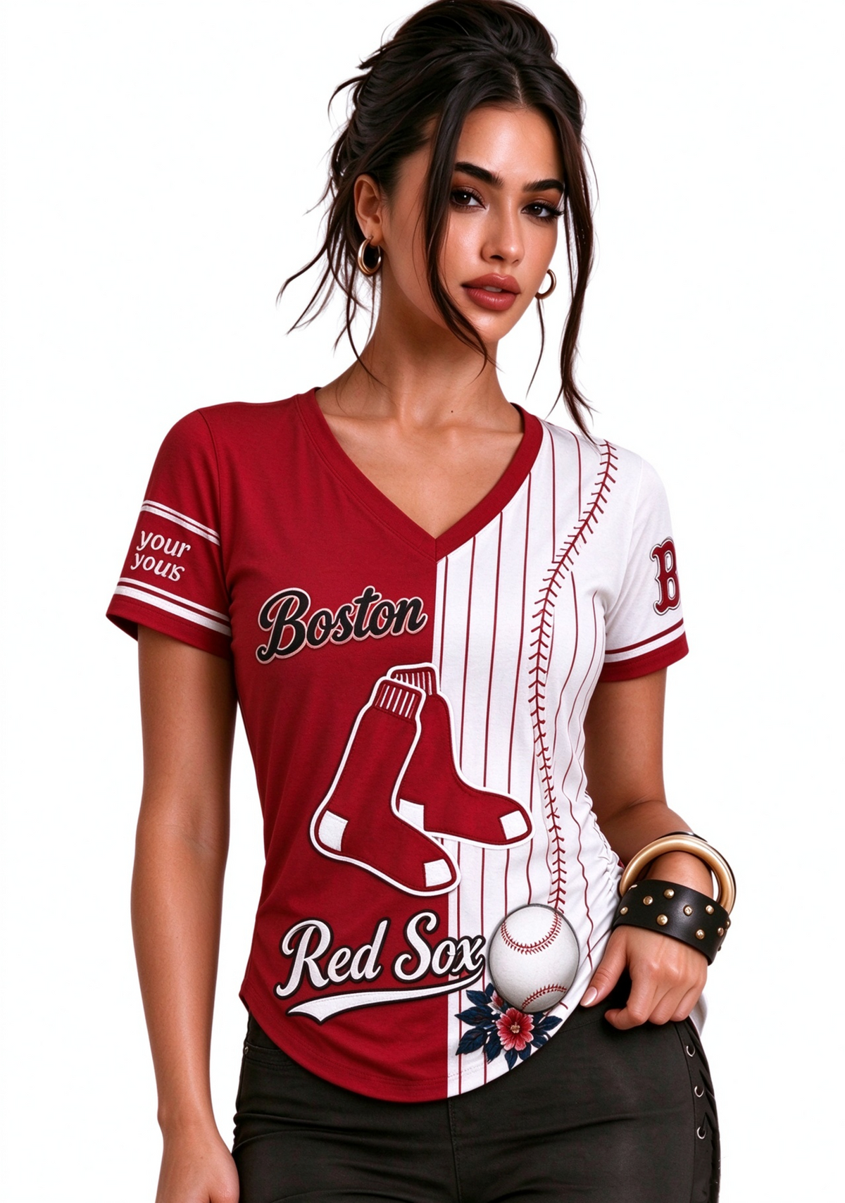 Women Boston Red Sox Baseball Half Striped Henley T-Shirt Main image