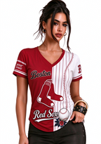 Women Boston Red Sox Baseball Half Striped Henley T-Shirt