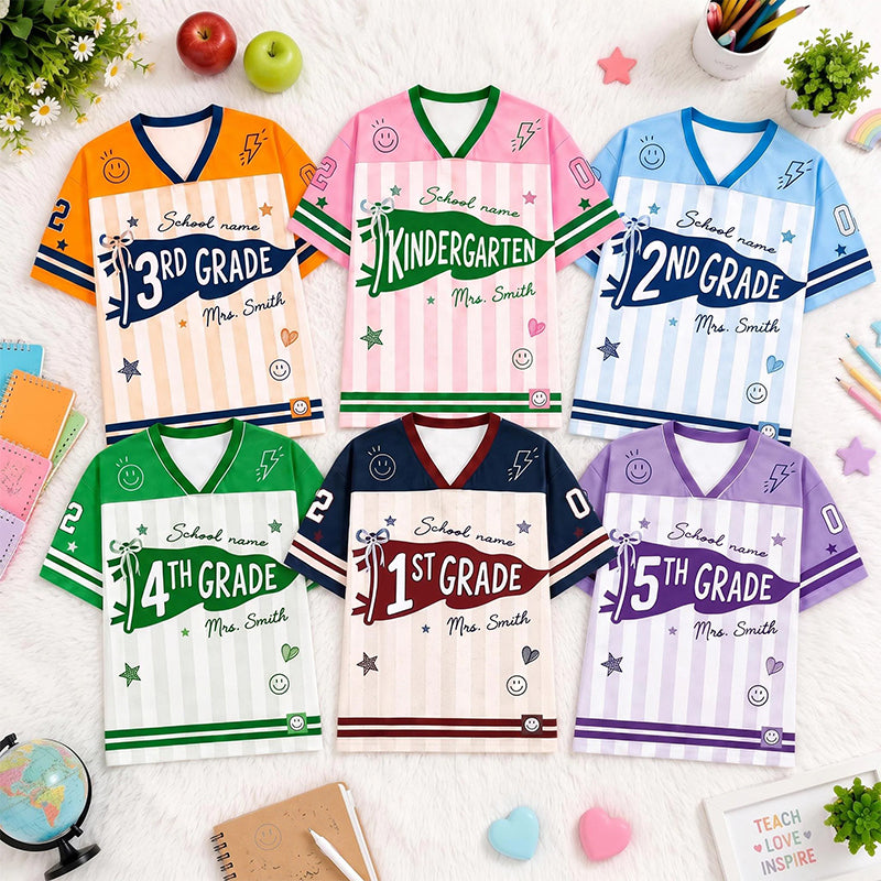 Personalized Grade And Name Preppy Stripes Patchwork First Day Teacher Mesh Jersey Main image