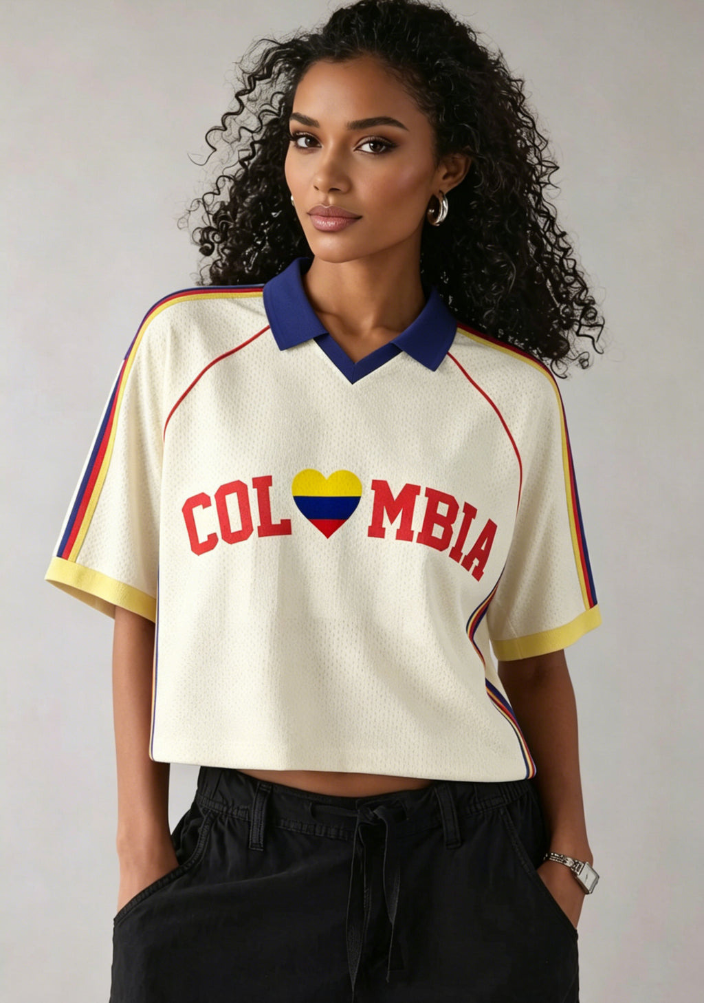 I Love Colombia Flag Heart Crop Collared Soccer Jersey