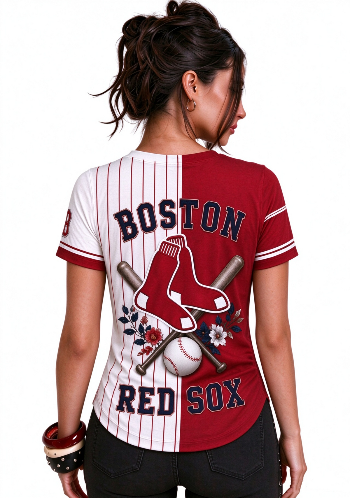 Women Boston Red Sox Baseball Half Striped Henley T-Shirt