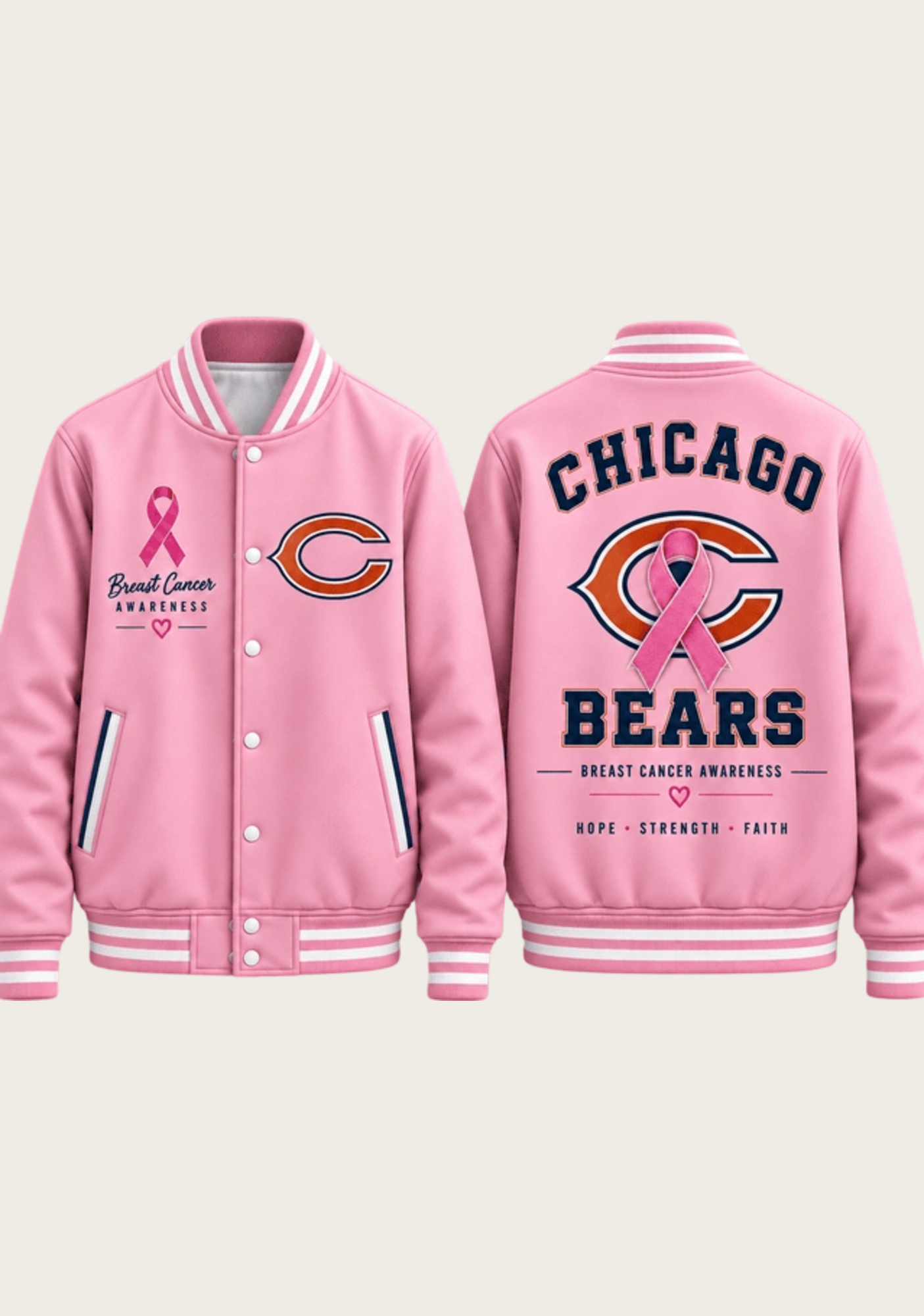 Chicago Bears Breast Cancer Awareness Pink Ribbon Varsity Jacket Secondary image