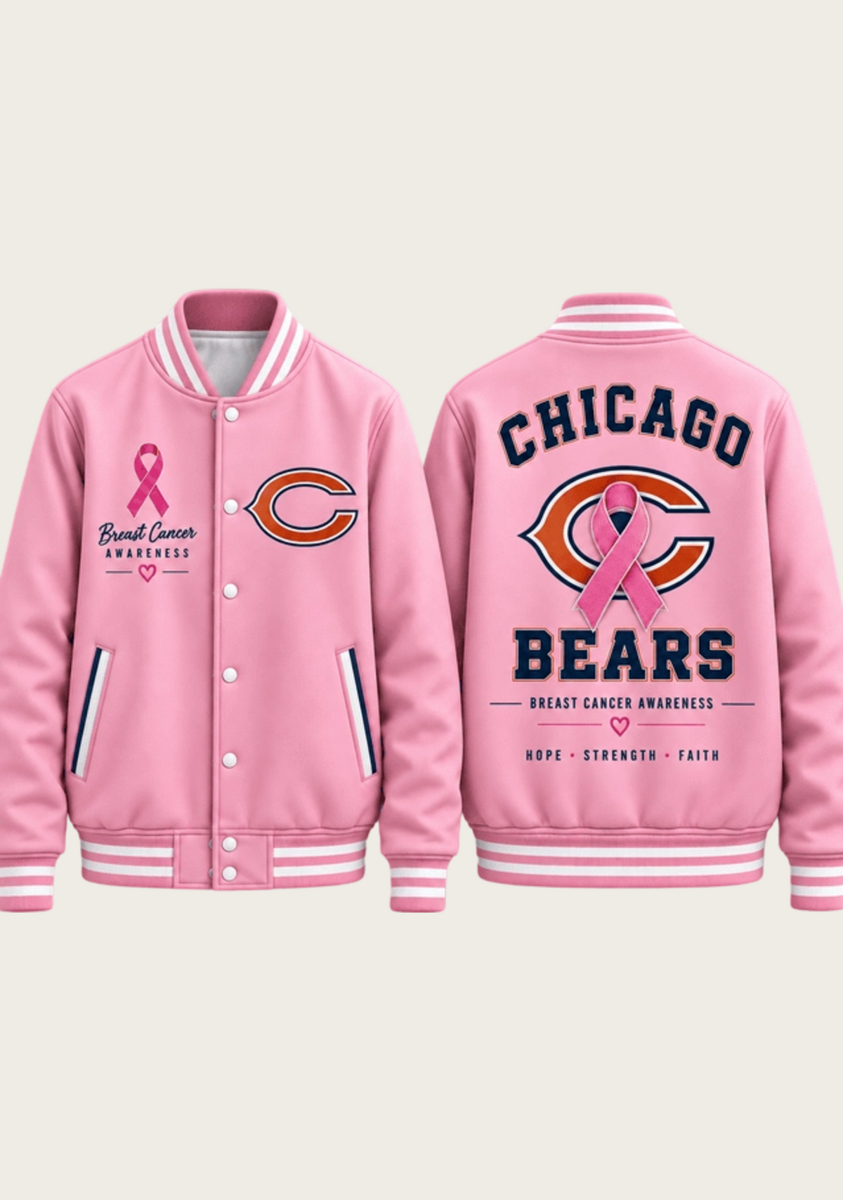 Chicago Bears Breast Cancer Awareness Pink Ribbon Varsity Jacket