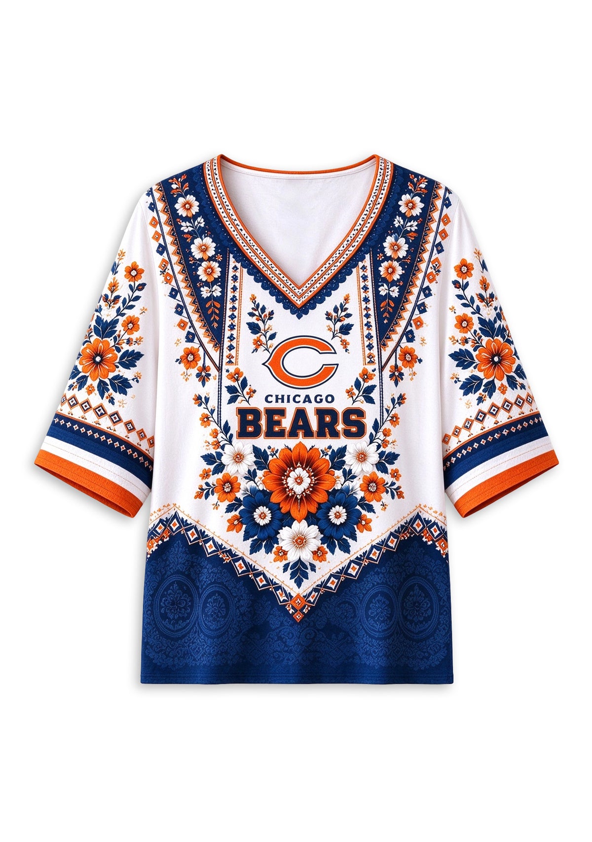 Women’s Chicago Bears Boho Floral V-Neck 3/4 Sleeve Shirt